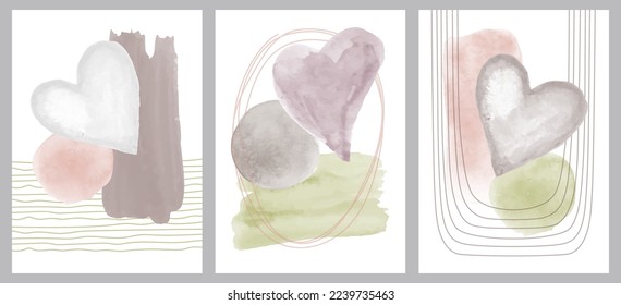 Wall minimalistic art drawing with various watercolor forms. Abstract design. Hand-drawn vector illustration for decorating walls, postcards, covers, wallpapers, web, stories on social networks.
