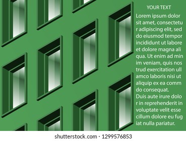 The wall of a modern office building with many windows. Bright colors of the facade, glare on the windows. Vector illustration.