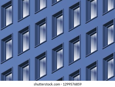 The wall of a modern office building with many windows. Bright colors of the facade, glare on the windows. Vector illustration.
