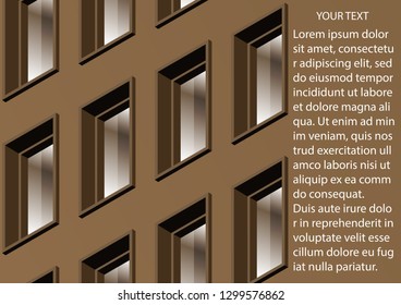 The wall of a modern office building with many windows. Bright colors of the facade, glare on the windows. Vector illustration.