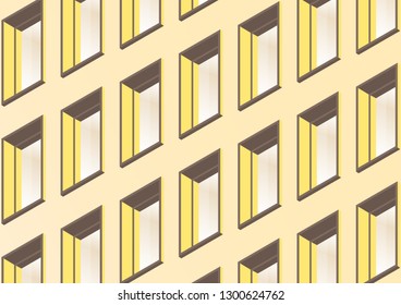 The wall of a modern office building with many windows. Bright colors of the facade, glare on the windows. Vector illustration.