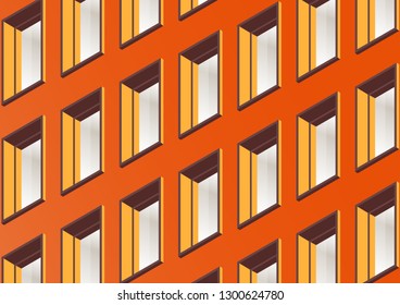 The wall of a modern office building with many windows. Bright colors of the facade, glare on the windows. Vector illustration.