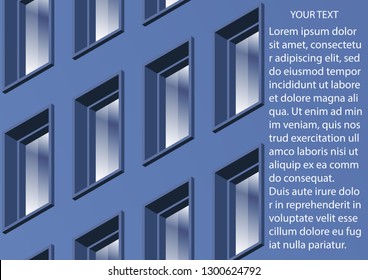 The wall of a modern office building with many windows. Bright colors of the facade, glare on the windows. Vector illustration.