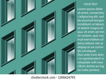 The wall of a modern office building with many windows. Bright colors of the facade, glare on the windows. Vector illustration.