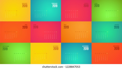 Wall Monthly 2019 Calendar. Vector horizontal template with different color pages.