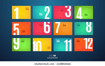 Wall Monthly 2019 Calendar. Vector horizontal template with different color pages.