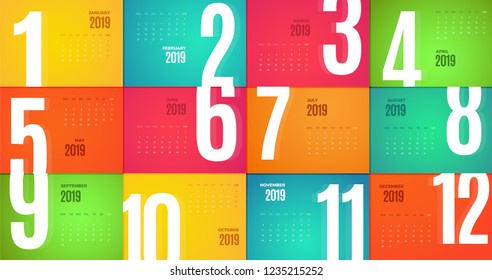 Wall Monthly 2019 Calendar. Vector horizontal template with different color pages.