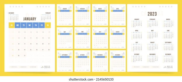 Wall monthly business calendar 2023. Modern vertical office calendar design for 2023 year. Week starts on Sunday. 12 months wall corporate calendar Vector illustration set in blue and yellow colors.