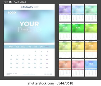 Wall Monthly Calendar 2016 with Place for Photo. Vector Template