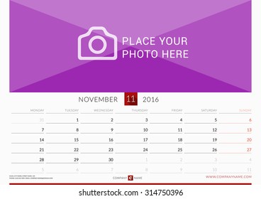 Wall Monthly Calendar for 2016 Year. Vector Design Print Template. Week Starts Monday. Landscape Orientation. November