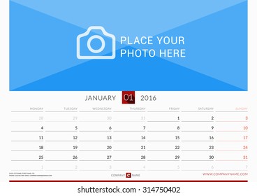 Wall Monthly Calendar for 2016 Year. Vector Design Print Template. Week Starts Monday. Landscape Orientation. January