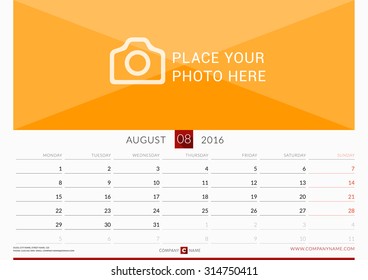 Wall Monthly Calendar for 2016 Year. Vector Design Print Template. Week Starts Monday. Landscape Orientation. August