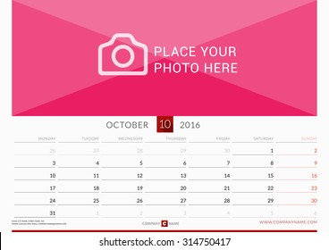 Wall Monthly Calendar for 2016 Year. Vector Design Print Template. Week Starts Monday. Landscape Orientation. October