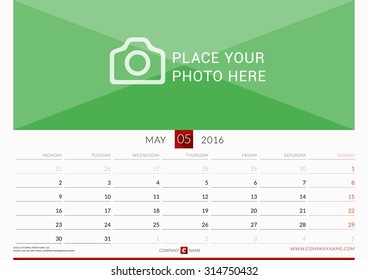 Wall Monthly Calendar for 2016 Year. Vector Design Print Template. Week Starts Monday. Landscape Orientation. May