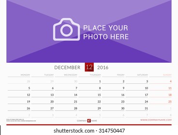 Wall Monthly Calendar for 2016 Year. Vector Design Print Template. Week Starts Monday. Landscape Orientation. December