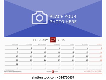 Wall Monthly Calendar for 2016 Year. Vector Design Print Template. Week Starts Monday. Landscape Orientation. February