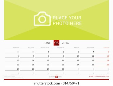 Wall Monthly Calendar for 2016 Year. Vector Design Print Template. Week Starts Monday. Landscape Orientation. June