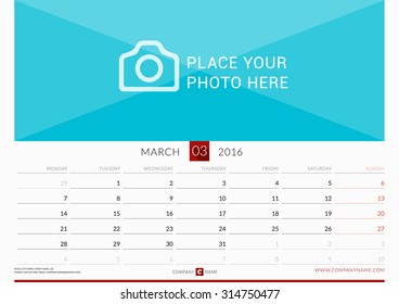 Wall Monthly Calendar for 2016 Year. Vector Design Print Template. Week Starts Monday. Landscape Orientation. March