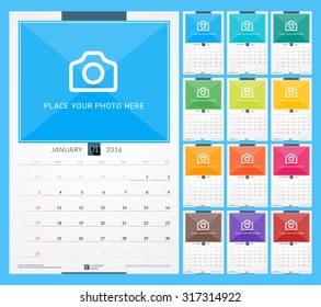 Wall Monthly Calendar for 2016 Year. Vector Design Print Template with Place for Photo. Week Starts Sunday. Portrait Orientation. Set of 12 Months.