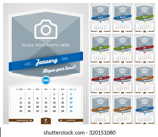 Wall Monthly Calendar for 2016 Year. Vector Design Print Template with Place for Photo and Pattern Background. Set of 12 Months. Week starts Monday