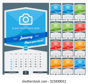 Wall Monthly Calendar for 2016 Year. Vector Design Print Template with Place for Photo and Pattern Background. Week Starts Sunday. Set of 12 Months