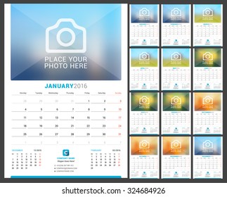 Wall Monthly Calendar for 2016 Year. Vector Design Print Template with Place for Photo. Week Starts Monday. 3 Months on Page. Set of 12 Months