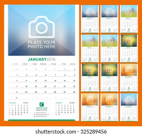 Wall Monthly Calendar for 2016 Year. Vector Design Print Template with Place for Photo. Week Starts Sunday. 3 Months on Page. Set of 12 Months