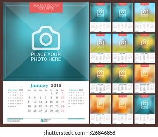 Wall Monthly Calendar for 2016 Year. Vector Design Print Template with Place for Photo. Week Starts Monday. 3 Months on Page. Set of 12 Months