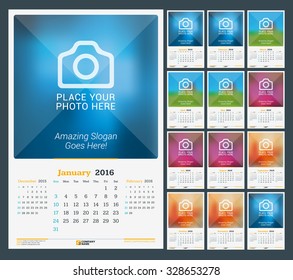 Wall Monthly Calendar for 2016 Year. Vector Design Print Template with Place for Photo. Dark Background. Week Starts Sunday. 3 Months on Page. Set of 12 Months