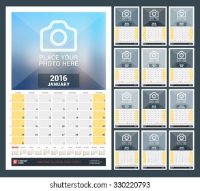 Wall Monthly Calendar for 2016 Year. Vector Design Print Template with Place for Photo and Year Calendar. Week Starts Sunday. Set of 12 Months