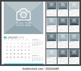Wall Monthly Calendar for 2016 Year. Vector Design Print Template with Place for Photo and Place for Notes. 3 Months on Page. Week Starts Monday. Set of 12 Months