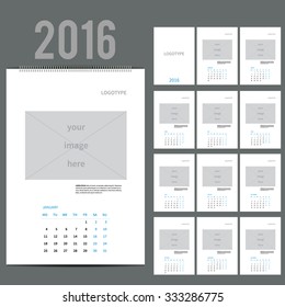 Wall Monthly Calendar for 2016 Year. Vector Design Print Template with Place for photo and text.  A3, A2 or bigger. Week Starts Monday. Portrait Orientation. Set of 12 Months. 13 pages