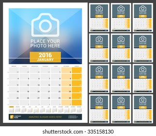 Wall Monthly Calendar for 2016 Year. Vector Design Print Template with Place for Photo and Year Calendar. Week Starts Monday. Set of 12 Months