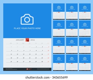 Wall Monthly Calendar for 2016 Year. Vector Design Print Template with Place for Photo. Week Starts Monday. Portrait Orientation. Set of 12 Months