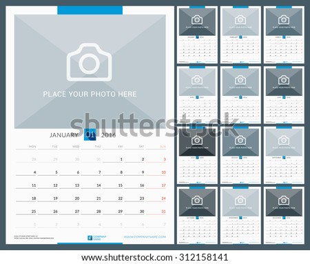Wall Monthly Calendar for 2016 Year. Vector Design Print Template with Place for Photo. Week Starts Monday. Portrait Orientation. Set of 12 Months
