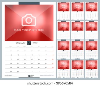 Wall Monthly Calendar for 2017 Year. 12 Months. Vector Design Print Template with Place for Photo. Week Starts Monday. Portrait Orientation