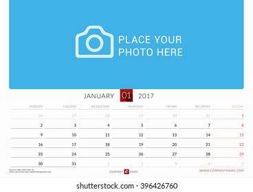 Wall Monthly Calendar for 2017 Year. January. Vector Design Print Template. Week Starts Monday. Landscape Orientation