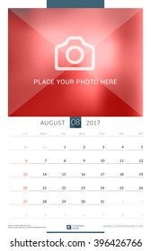 Wall Monthly Calendar for 2017 Year. August. Vector Design Print Template with Place for Photo. Week Starts Sunday. Portrait Orientation