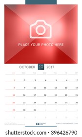 Wall Monthly Calendar for 2017 Year. October. Vector Design Print Template with Place for Photo. Week Starts Sunday. Portrait Orientation