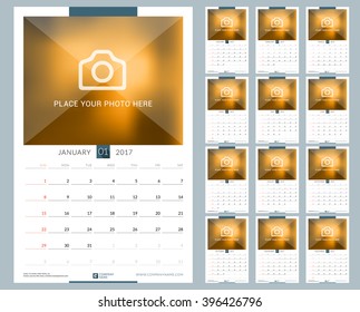 Wall Monthly Calendar for 2017 Year. 12 Months. Vector Design Print Template with Place for Photo. Week Starts Sunday. Portrait Orientation