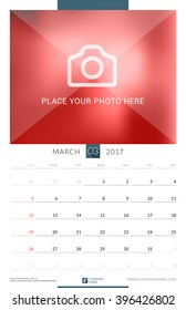Wall Monthly Calendar for 2017 Year. March. Vector Design Print Template with Place for Photo. Week Starts Sunday. Portrait Orientation