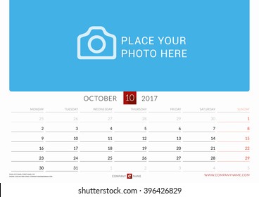 Wall Monthly Calendar for 2017 Year. October. Vector Design Print Template. Week Starts Monday. Landscape Orientation