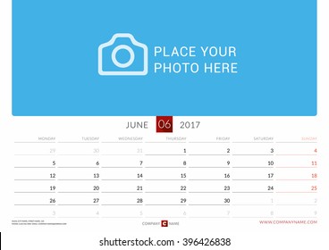 Wall Monthly Calendar for 2017 Year. June. Vector Design Print Template. Week Starts Monday. Landscape Orientation