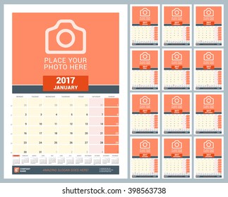 Wall Monthly Calendar for 2017 Year. Vector Design Print Template with Place for Photo and Year Calendar. Week Starts Monday
