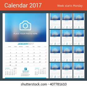Wall Monthly Calendar for 2017 Year. Vector Design Print Template with Place for Photo. Week Starts Monday