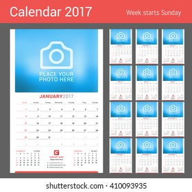 Wall Monthly Calendar for 2017 Year. Vector Design Print Template with Place for Photo. Week Starts Sunday