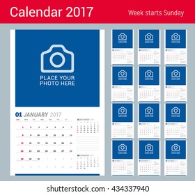 Wall Monthly Calendar for 2017 Year. Vector Design Print Template with Place for Photo. Week Starts Sunday. 3 Months on Page. Planner Template. Stationery Design