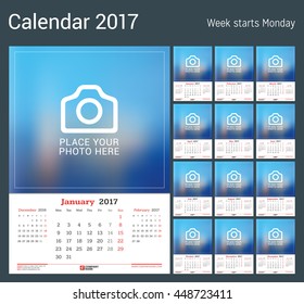 Wall Monthly Calendar for 2017 Year. Vector Design Print Template with Place for Photo. Week Starts Monday. 3 Months on Page