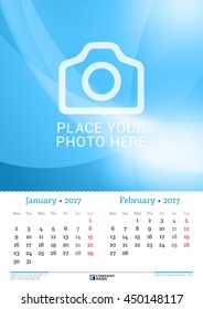 Wall Monthly Calendar for 2017 Year. 2 Months on the page. January and February. Vector Design Print Template with Place for Photo. Week Starts Monday. Stationery Design