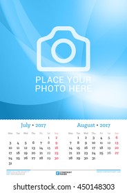 Wall Monthly Calendar for 2017 Year. 2 Months on the page. July and August. Vector Design Print Template with Place for Photo. Week Starts Monday. Stationery Design